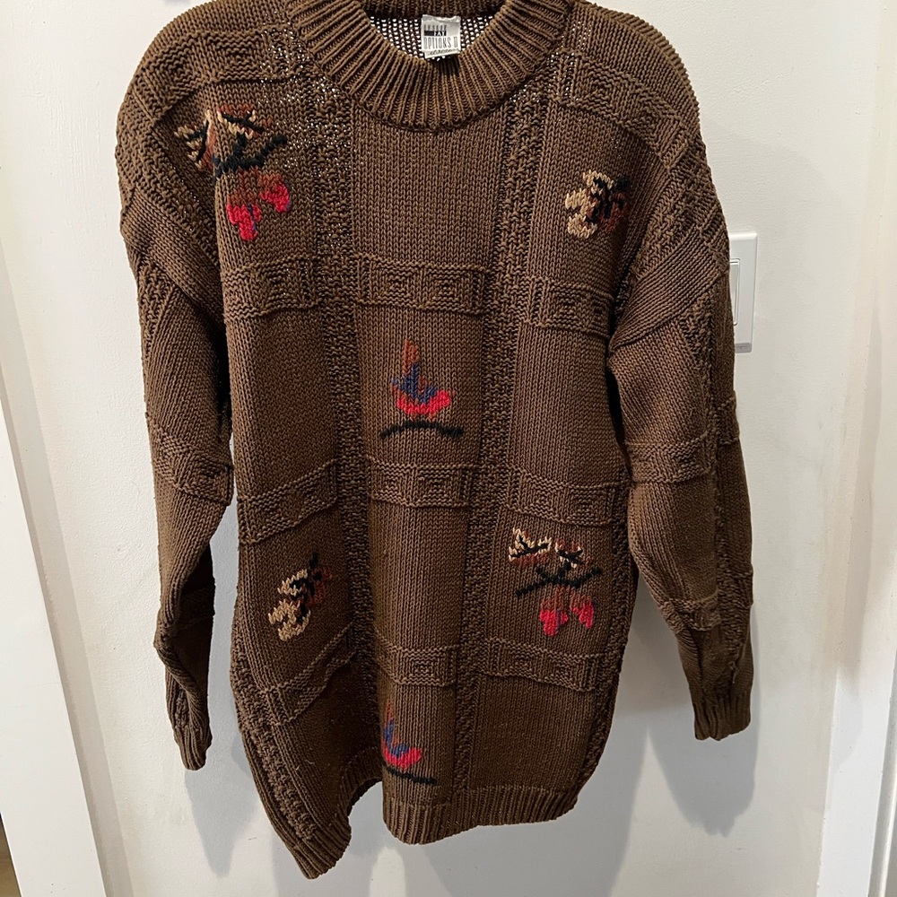 Vintage Leslie Fay Brown Fall Leaves Cotton Chunky Knit Sweater